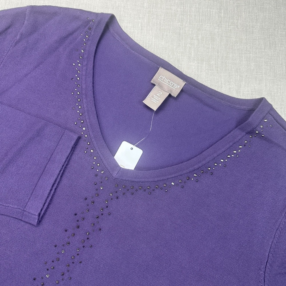 Chicos Sweater Women Sz 2 Large Purple Pouting Plum Embellished Front V Neck NEW